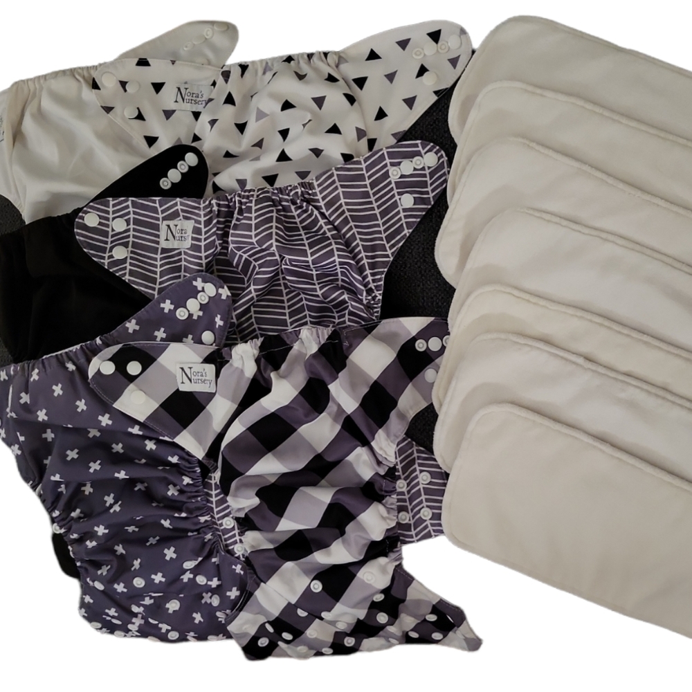 6 Nora's Nursery reusable cloth diapers 7 inserts goth black gray plaid unisex